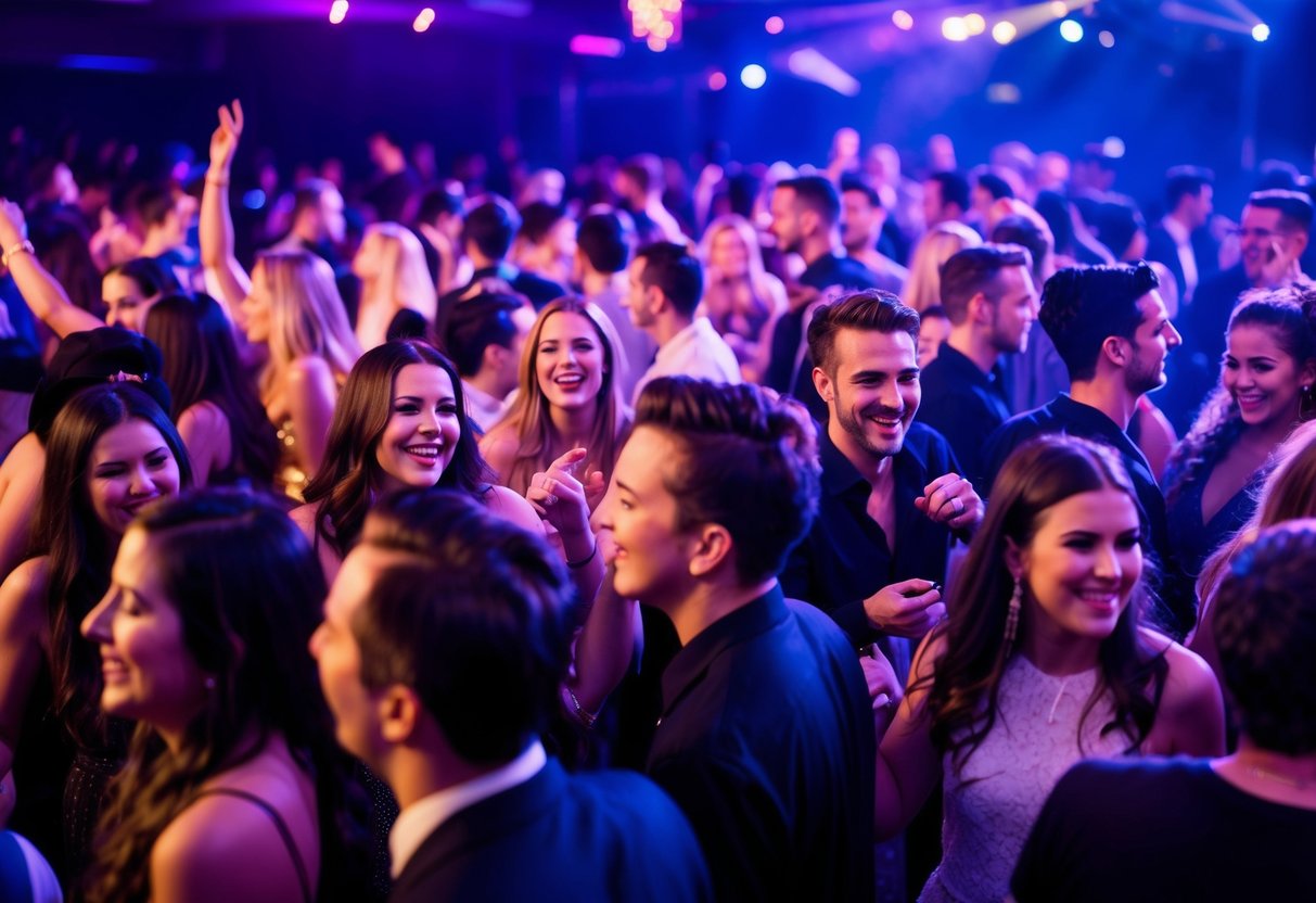 A crowded dance floor with people moving and grooving to the music, laughing and interacting with each other, creating a lively and energetic atmosphere