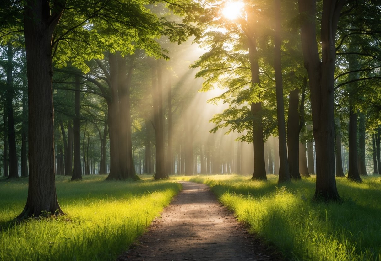 A serene forest with sunlight filtering through the canopy onto a peaceful clearing