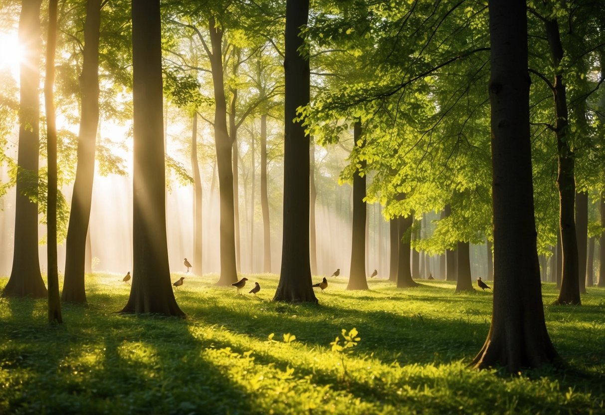 A serene forest with sunlight filtering through the trees, casting dappled shadows on the ground, as birds sing in harmony with the gentle rustling of leaves