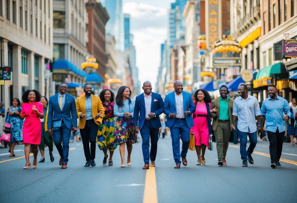 A bustling city street with diverse individuals and vibrant cultural landmarks, all coming together in harmony to the sound of the song