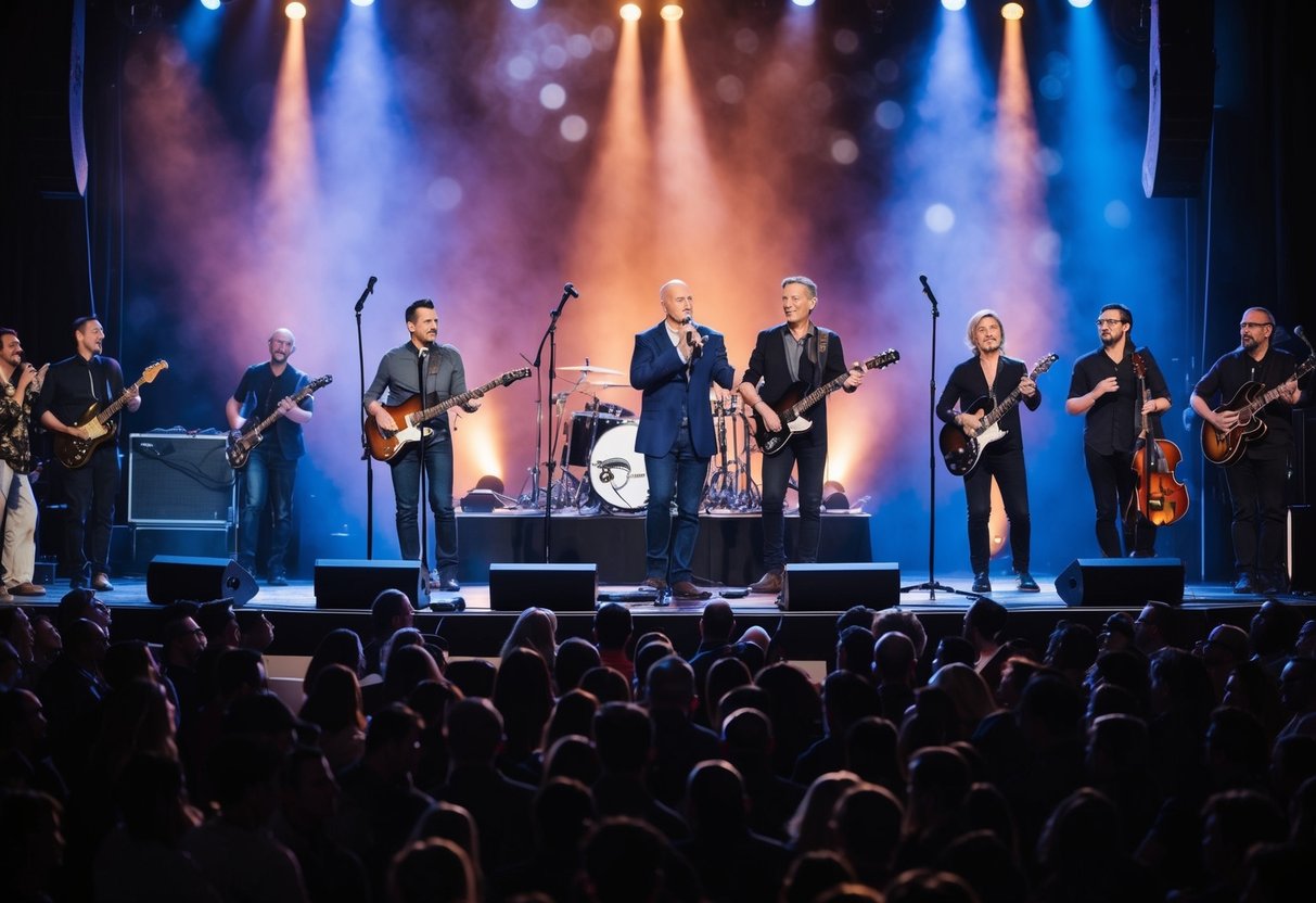 A stage with instruments and microphones, surrounded by a crowd of people enjoying the music