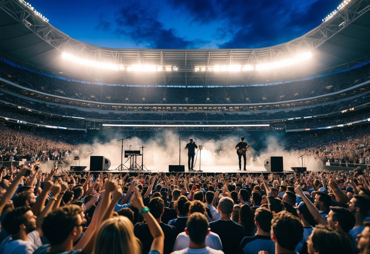 A crowded stadium with cheering fans and a stage with a microphone and musical instruments