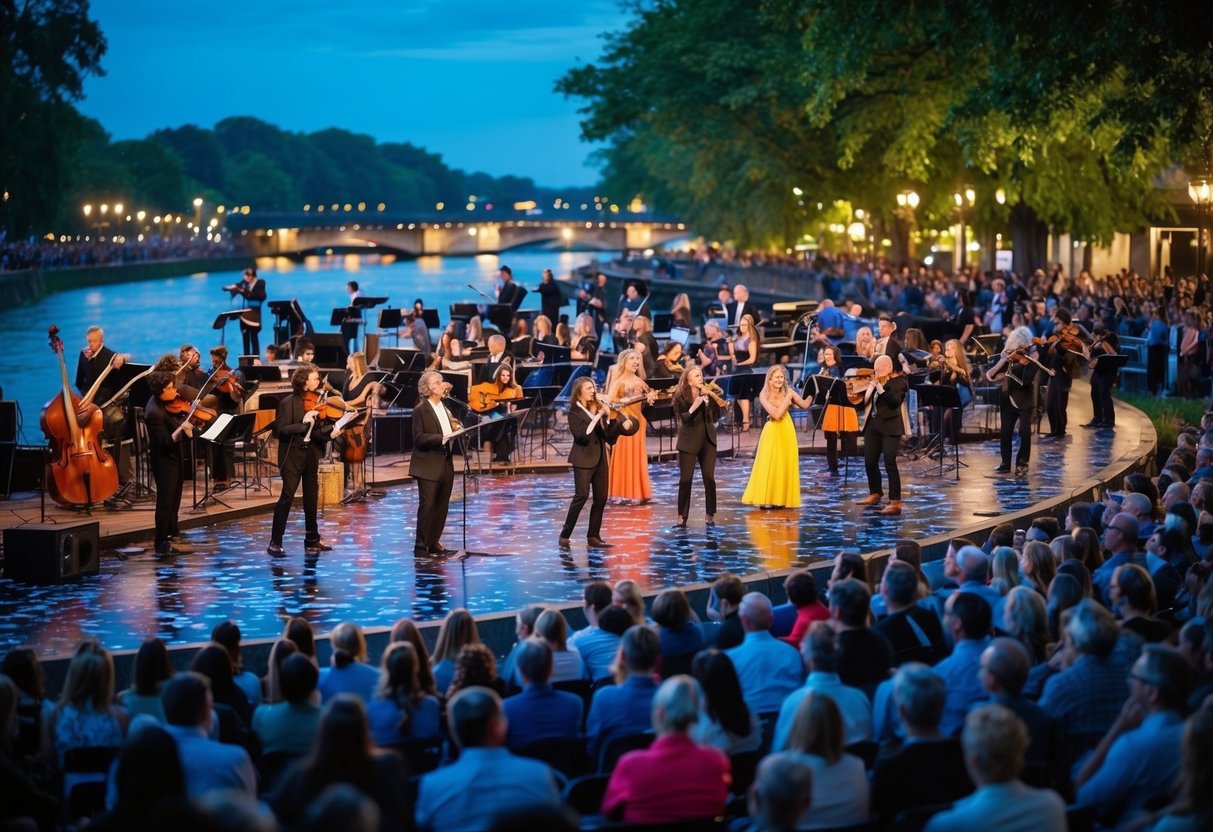 A vibrant music note-filled river with diverse artists performing on its banks, surrounded by a captivated audience