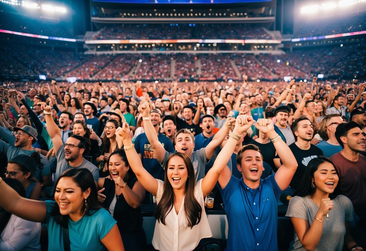 A crowded concert stadium with a diverse audience dancing and singing along to a universally popular song