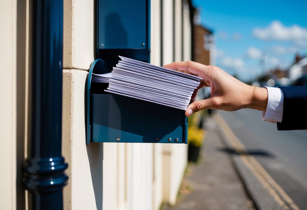 A hand placing a stack of wedding invitations into a mailbox on a sunny day in the UK