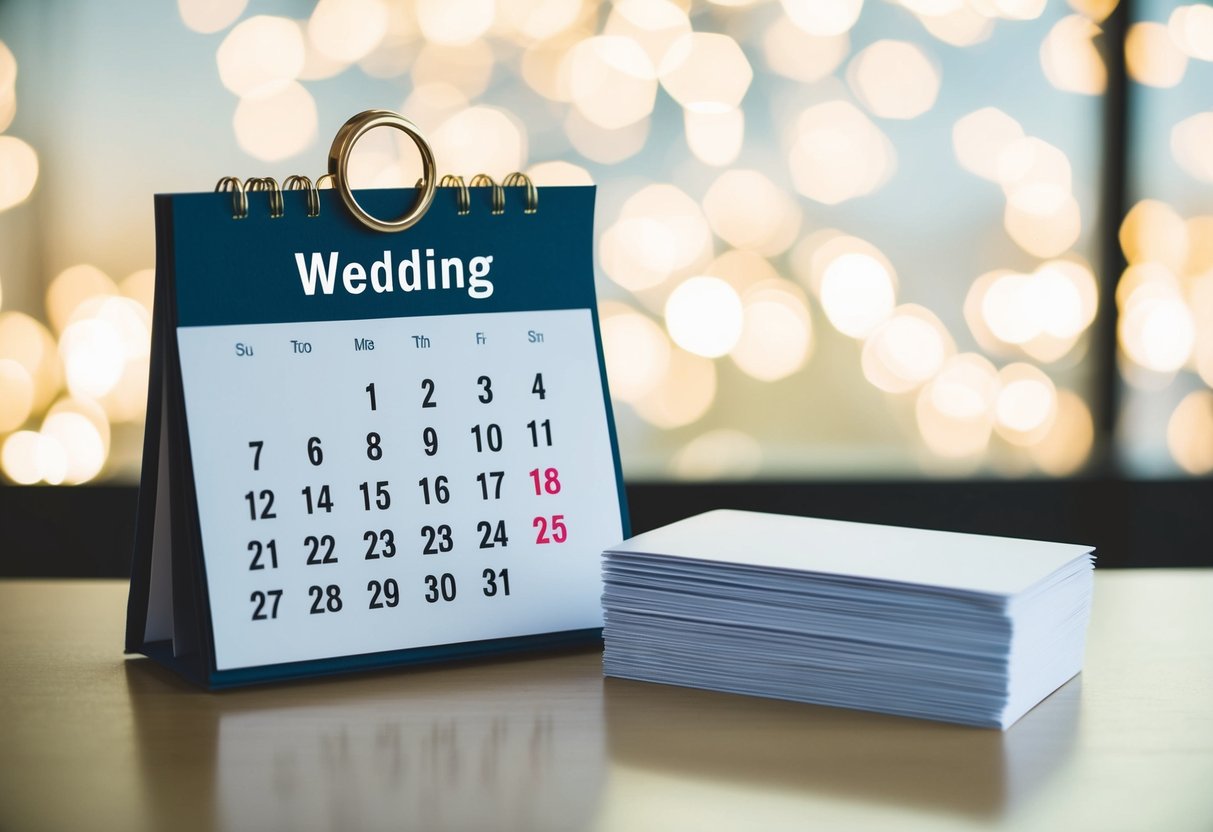A calendar with a highlighted date for the wedding and a stack of blank invitations next to it