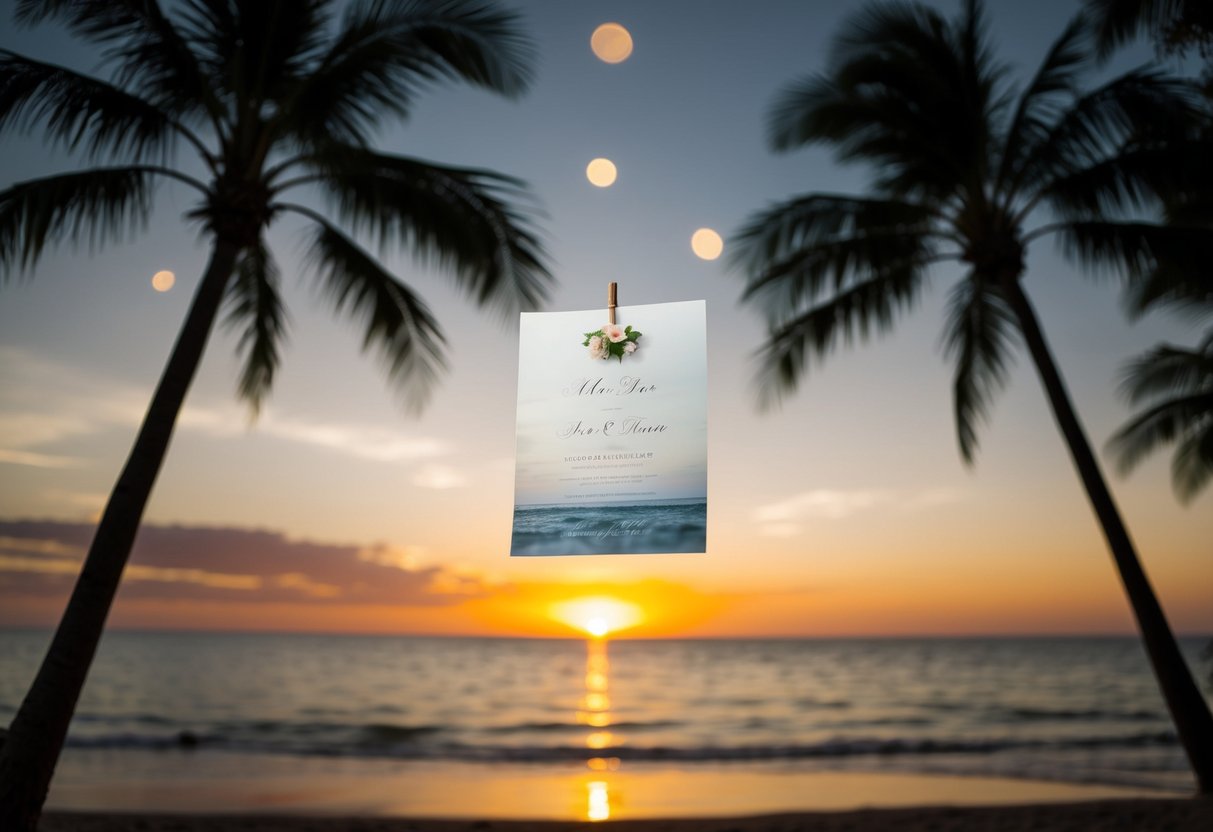 A beach with a sunset, palm trees, and a wedding invitation floating in the breeze