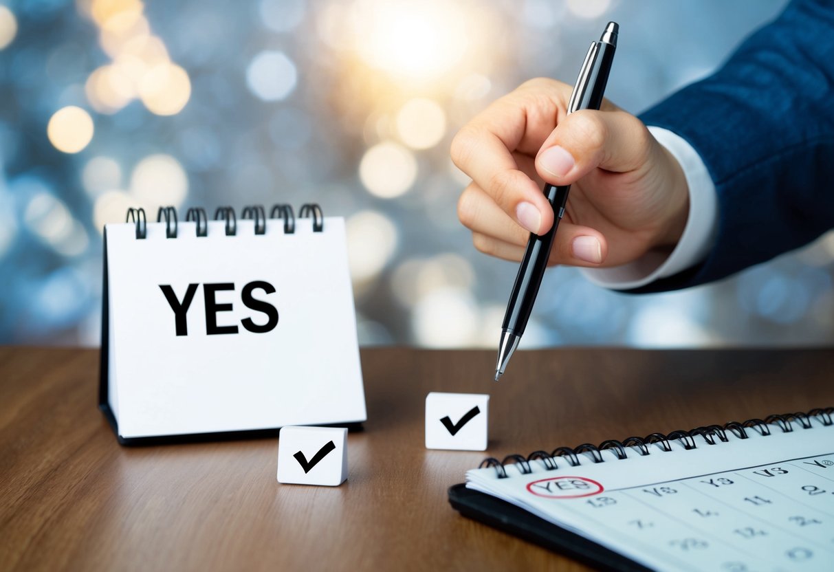 A hand holding a pen hovers over two checkboxes, one labeled "Yes" and the other blank. A calendar with a circled date sits nearby