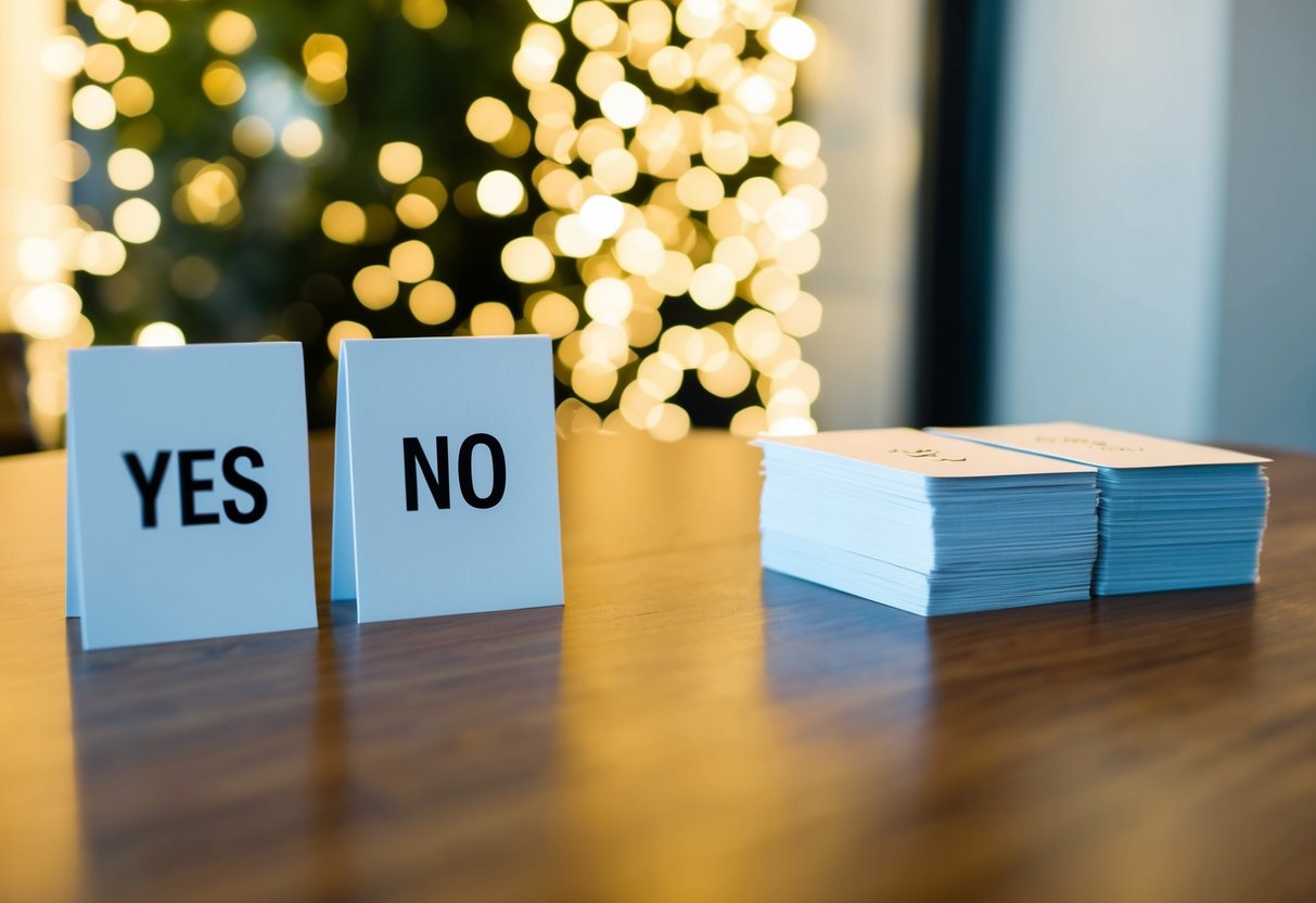 A table with two columns labeled "Yes" and "No," and a stack of RSVP cards next to it