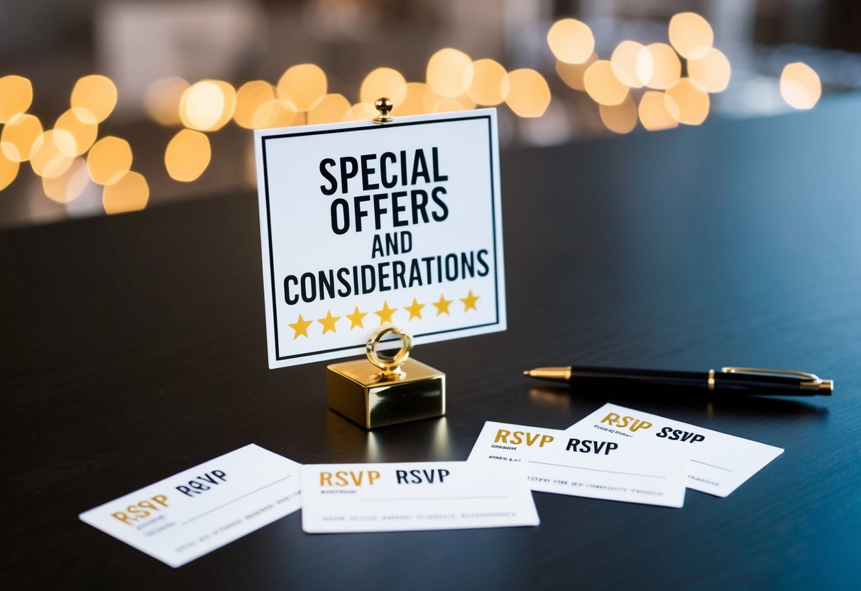 A table with a "Special Offers and Considerations" sign, surrounded by RSVP cards and a pen