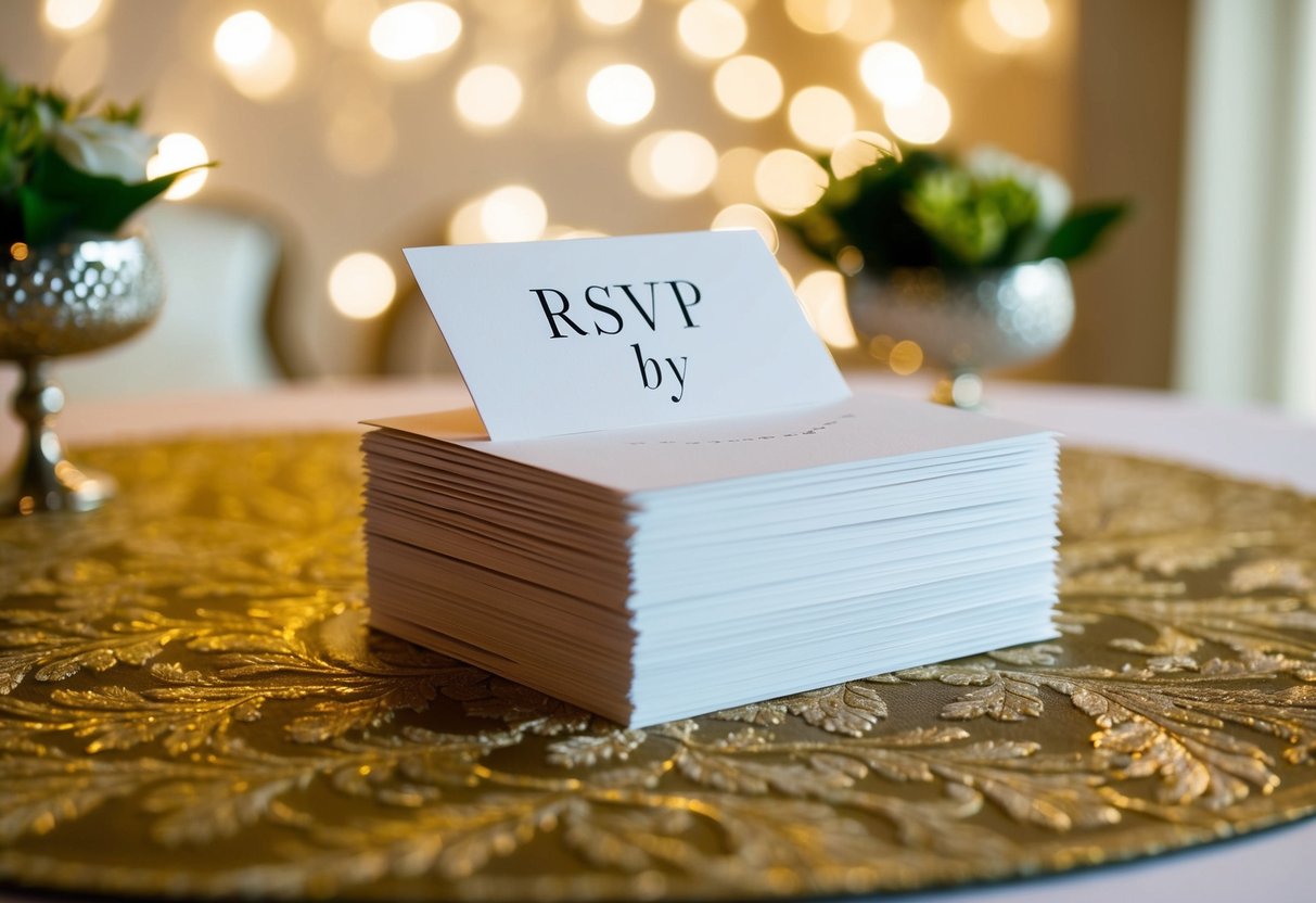 A stack of elegant invitation cards with a highlighted "RSVP by" date, placed on a tastefully decorated table