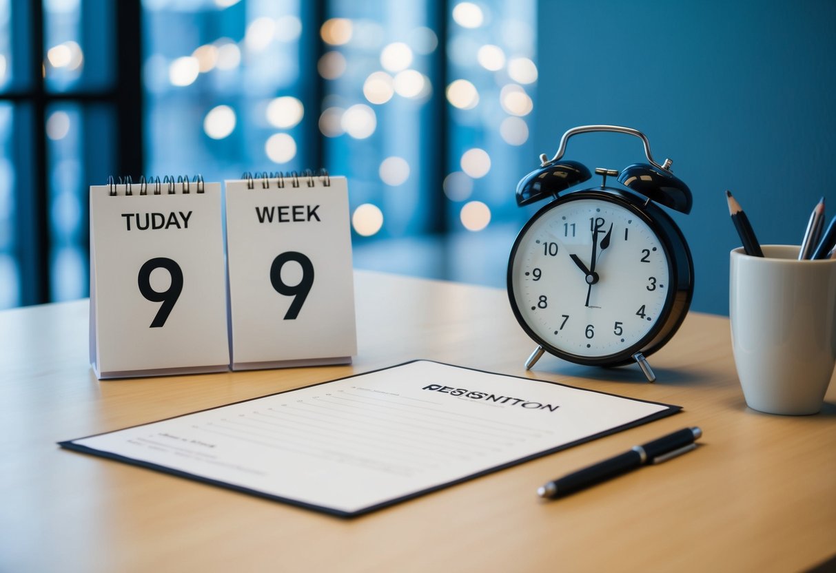 An office desk with a calendar showing the current date and two weeks ahead, with a resignation letter and a clock set to 9 am