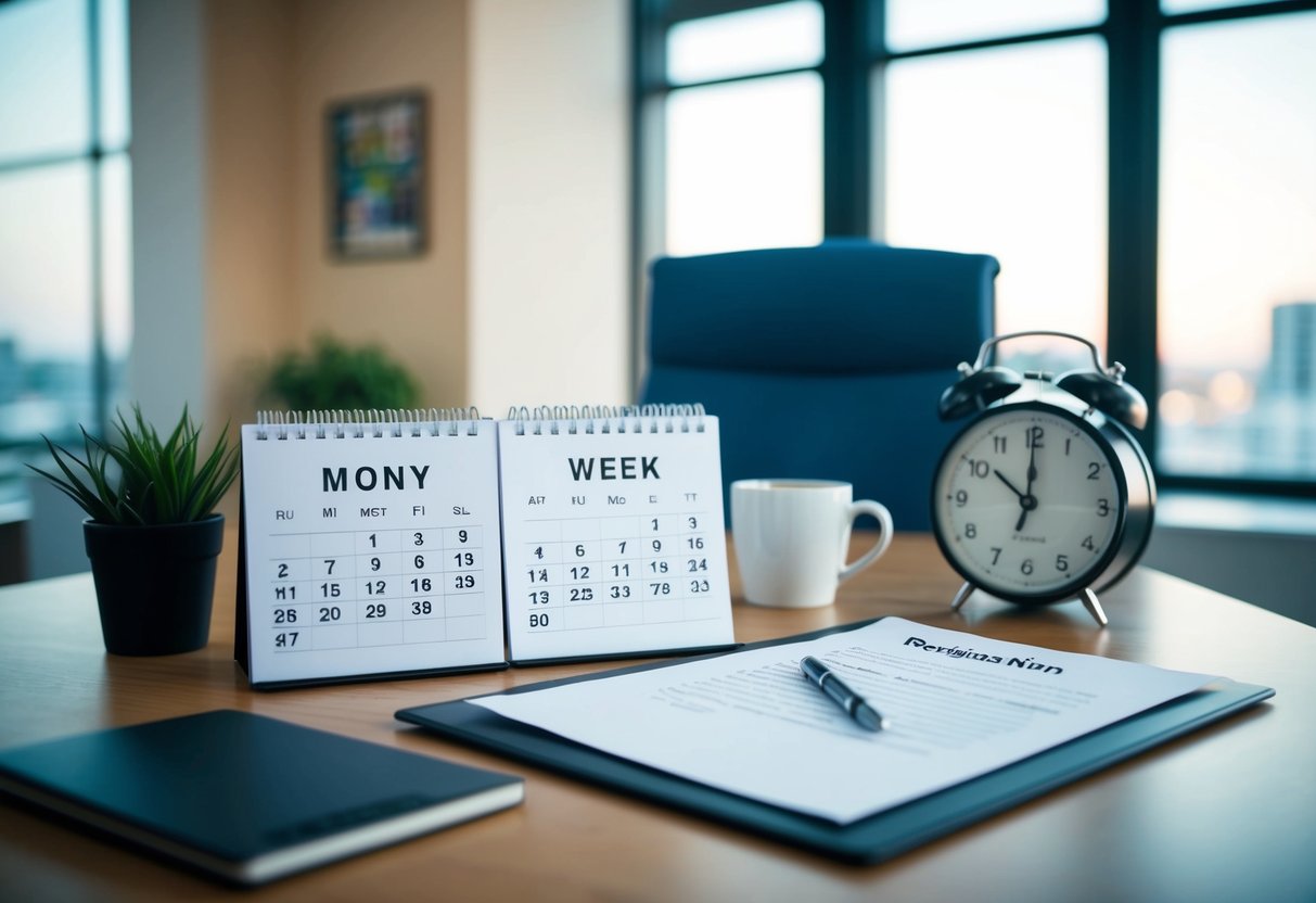 An employee's desk with a calendar showing two weeks ahead, a resignation letter, and a clock indicating the time