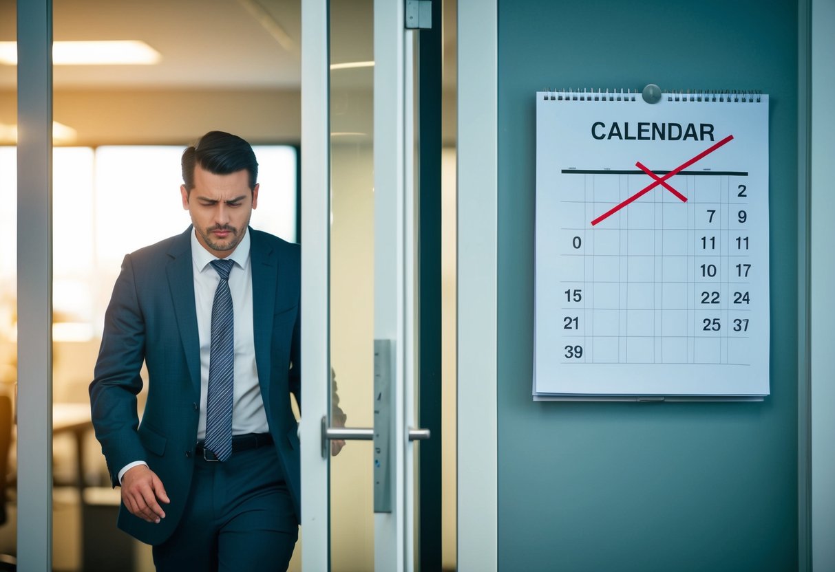 A person walking out of an office with a frown while a calendar on the wall shows a date crossed out