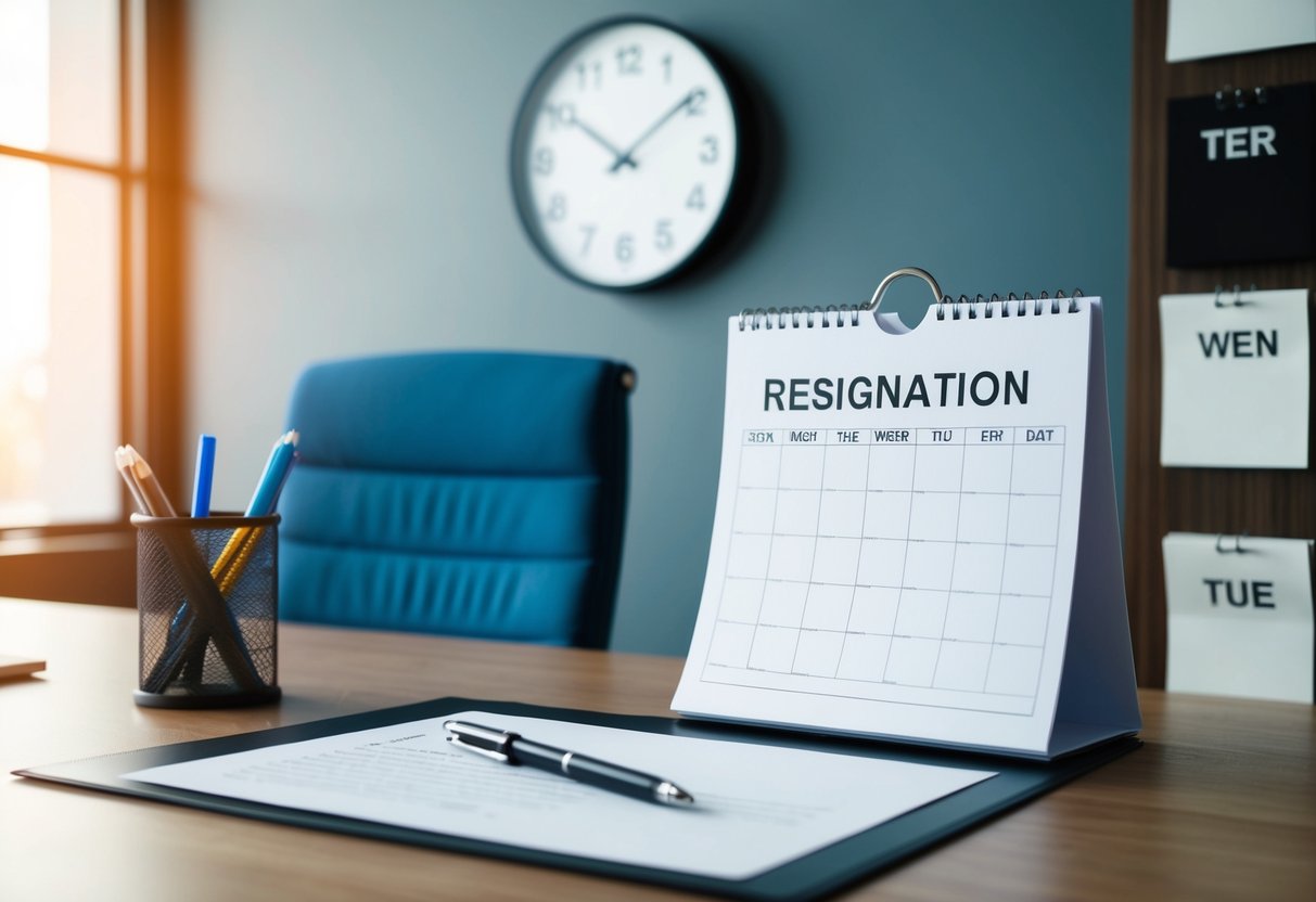 An employee's desk with a resignation letter and a calendar showing the current date. A clock on the wall displays the time