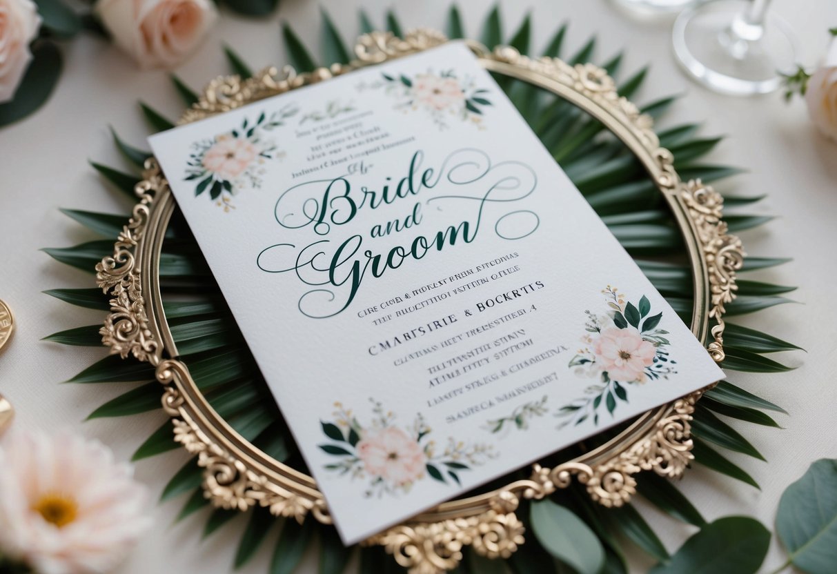 A wedding invitation with elegant calligraphy, featuring the names of the bride and groom, surrounded by delicate floral designs and ornate borders