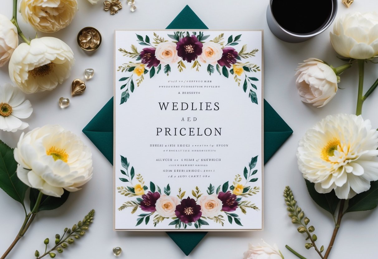 A wedding invitation with the couple's names centered at the top, surrounded by elegant floral designs and decorative elements