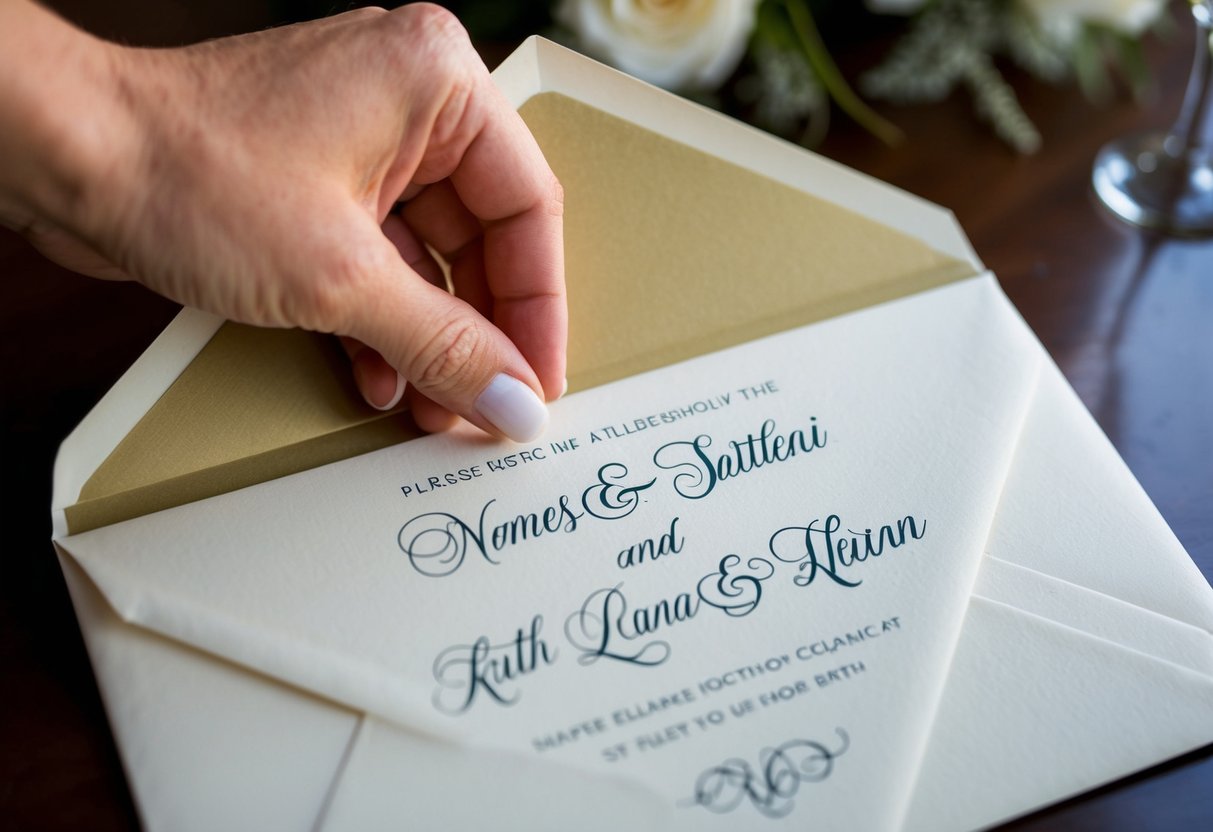A wedding invitation being carefully placed in an elegant envelope, with the names of the couple written in beautiful calligraphy