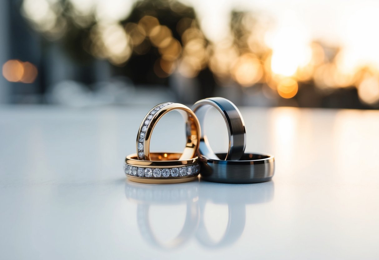 A couple's wedding rings placed side by side on a clean, white surface