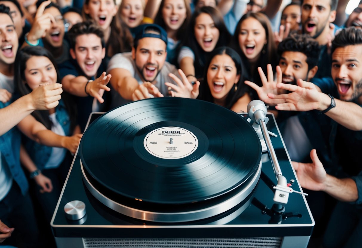 A vinyl record spinning on a turntable, surrounded by a crowd of excited music fans eagerly reaching out to grab a copy