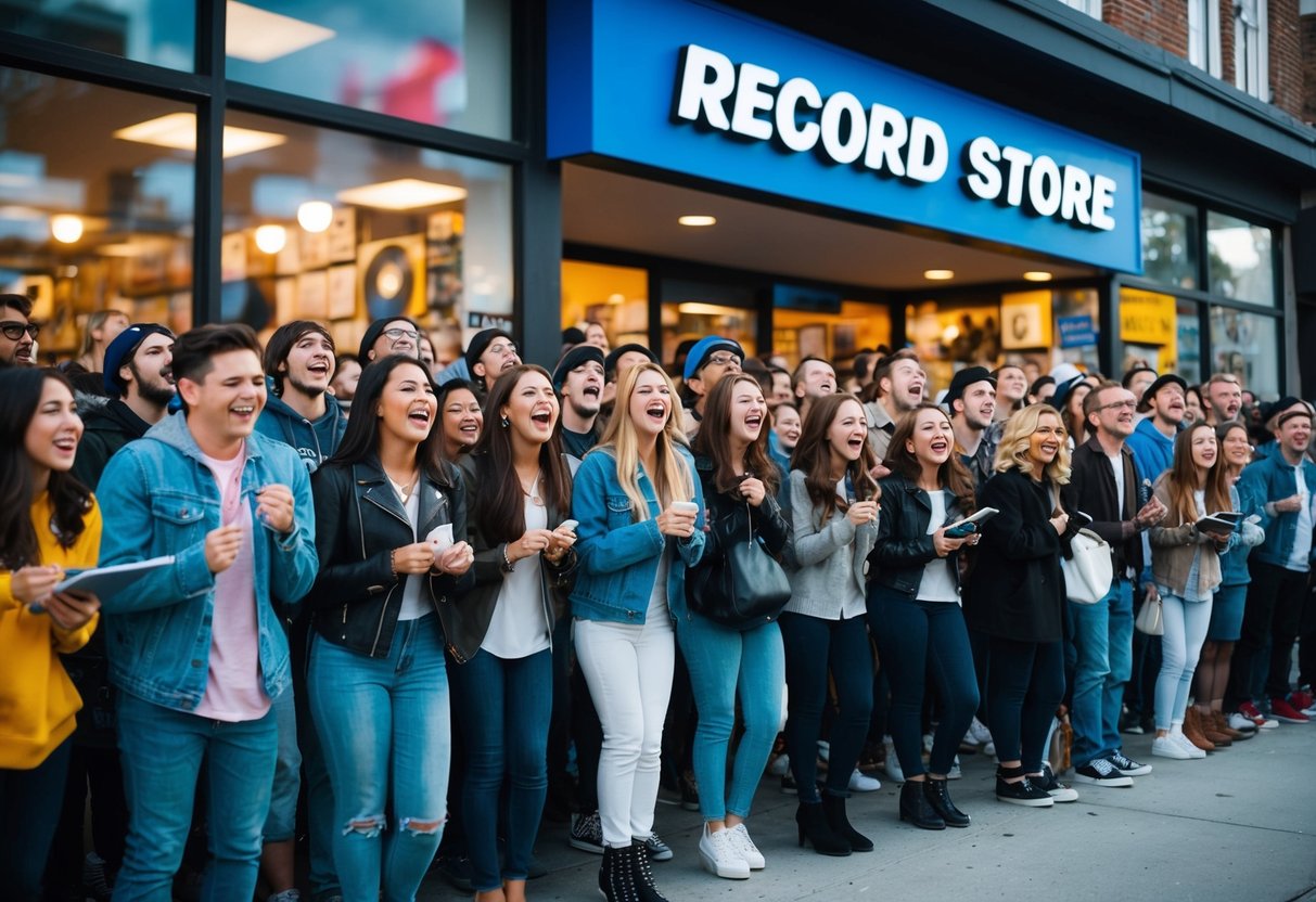 A crowd of excited fans lining up outside a record store, eagerly waiting to purchase the latest hit single