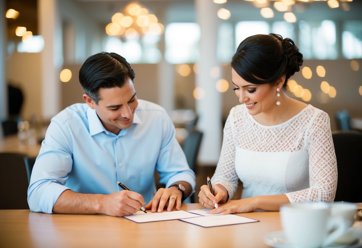 A couple seated at a table, signing a card together. The husband's name is written first, followed by the wife's, as they discuss the proper etiquette