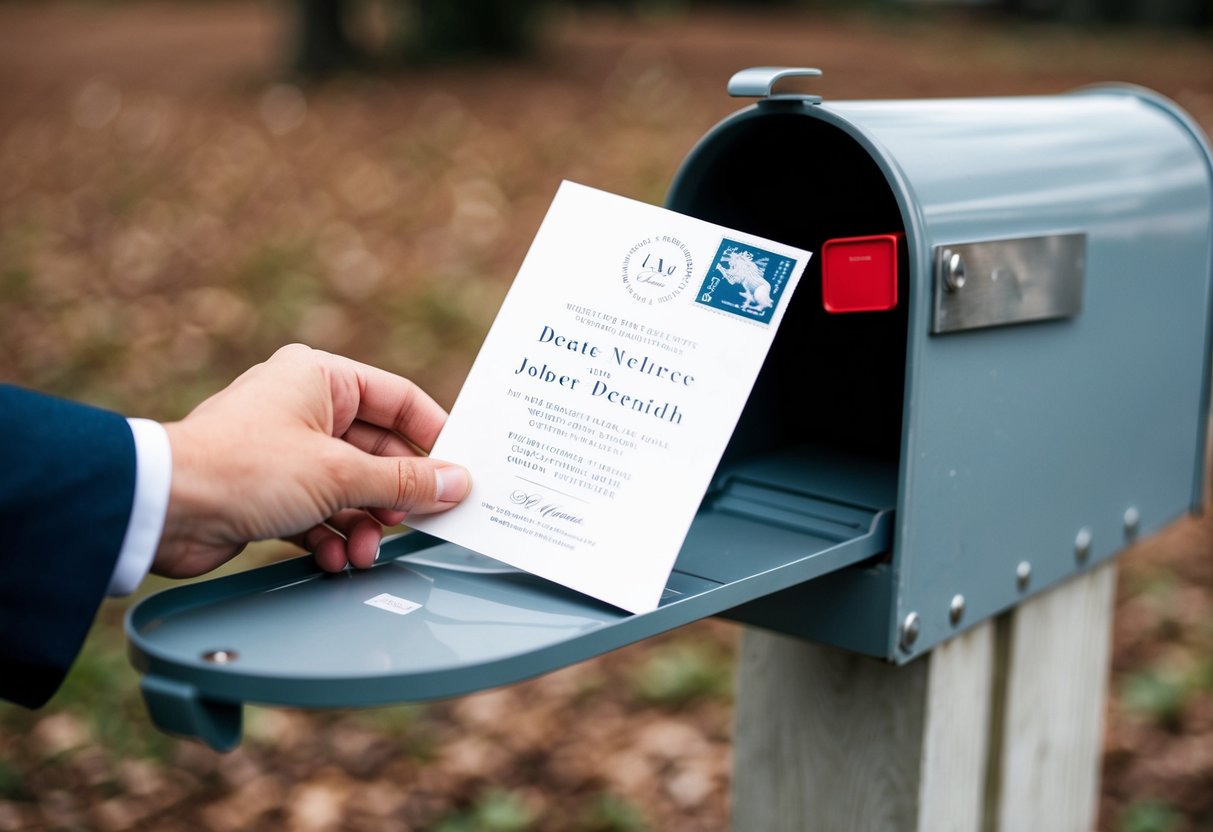 A hand placing a wedding invitation into a mailbox with a postage stamp