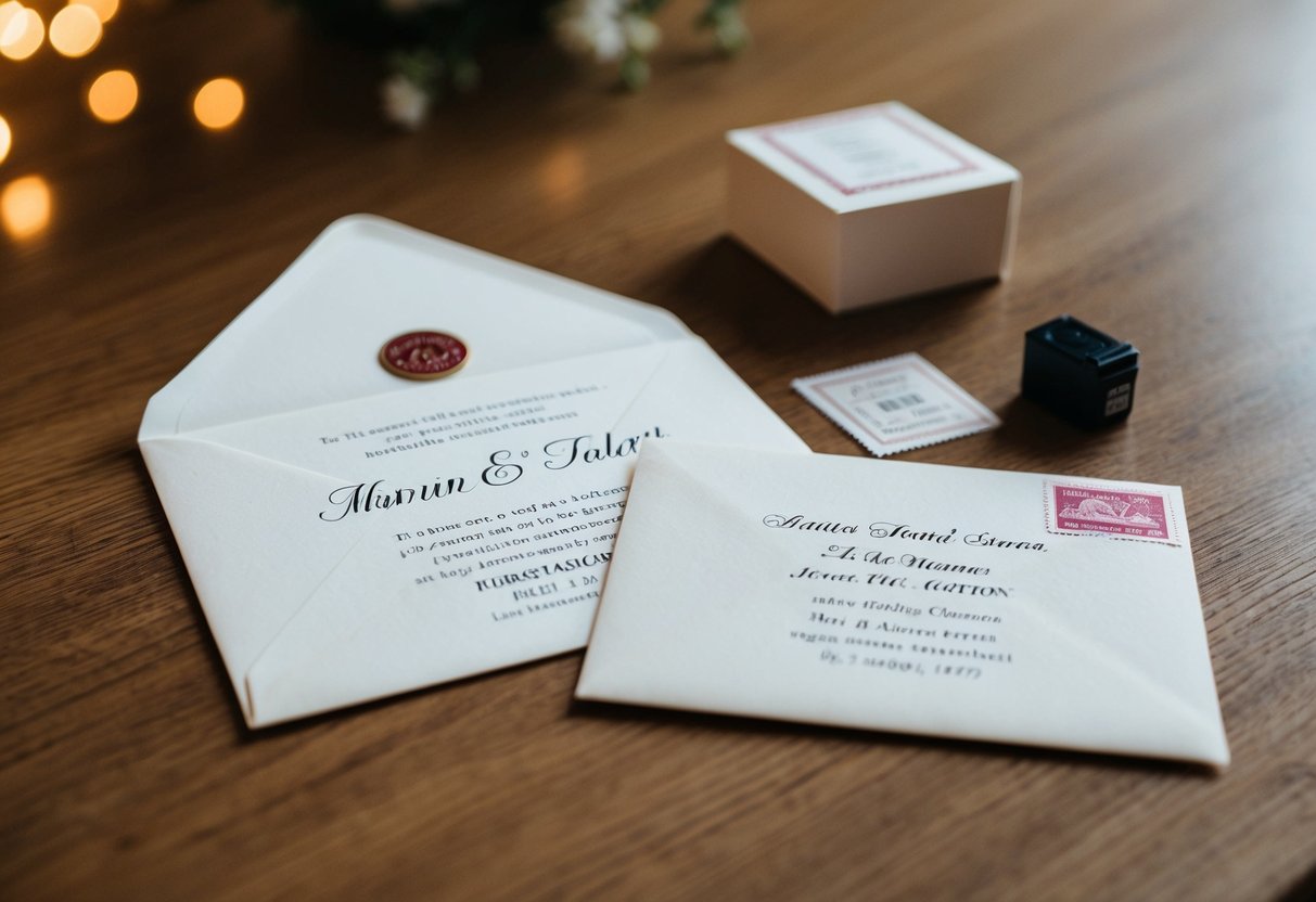 A wedding invitation, envelope, stamp, and address label on a table