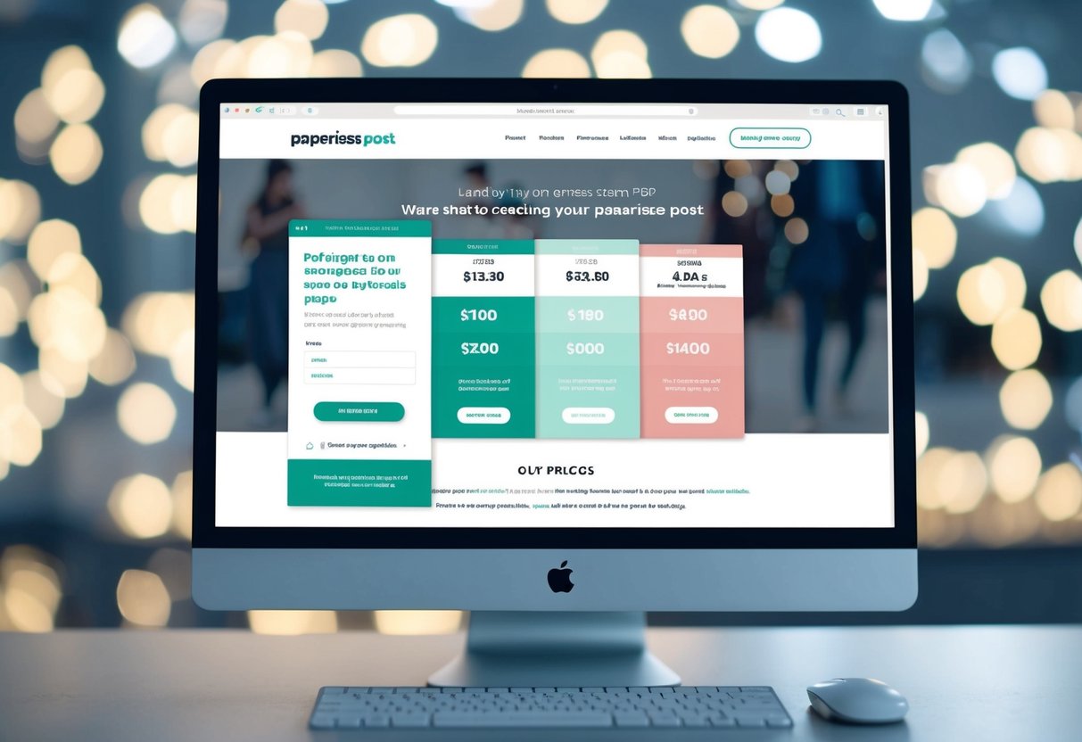 A computer screen displaying the Paperless Post website with a pricing page open, featuring different cost options for sending invites