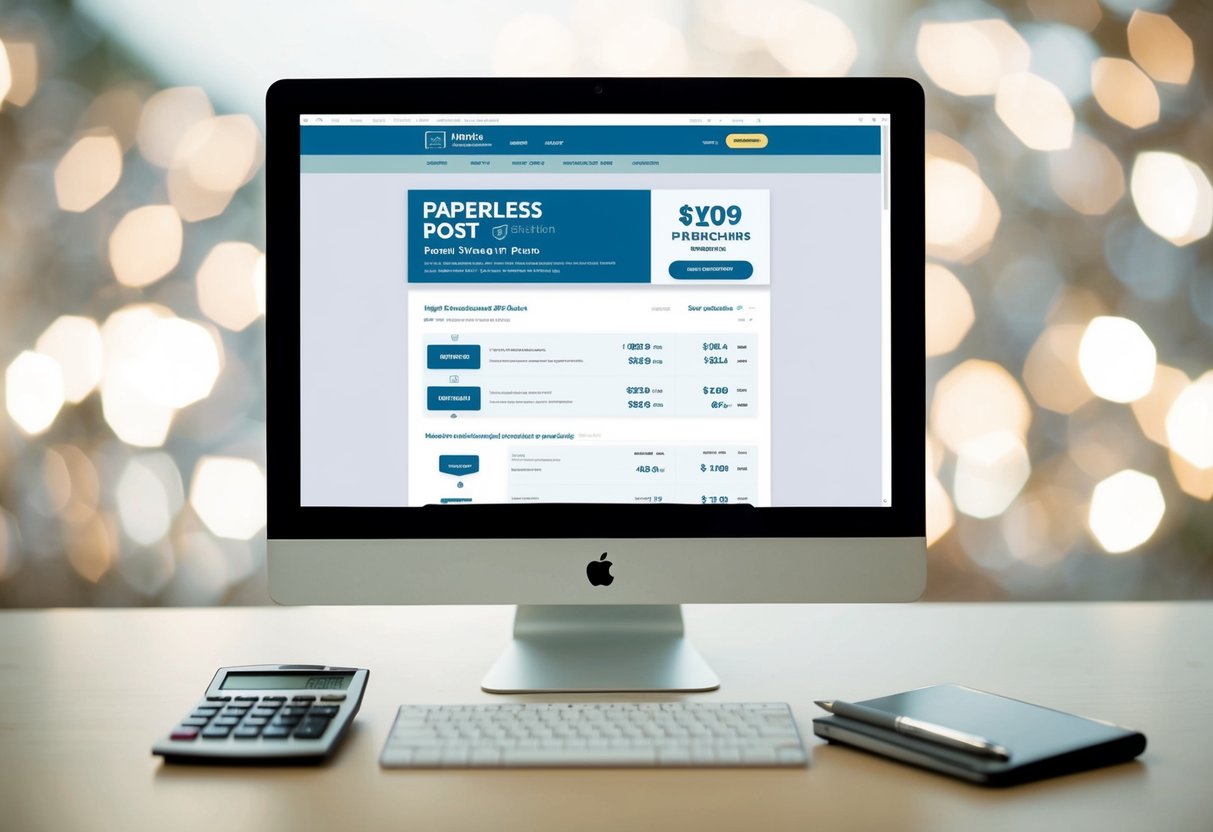A computer screen displaying Paperless Post's pricing options for invitations, with a calculator and pen nearby
