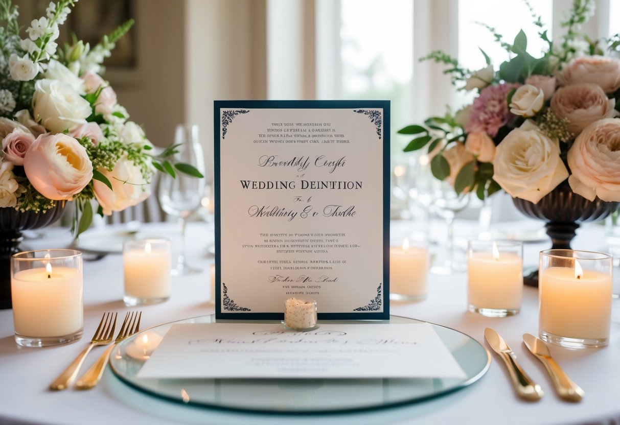 A beautifully crafted wedding invitation sits on a pristine table, surrounded by elegant floral arrangements and softly glowing candles