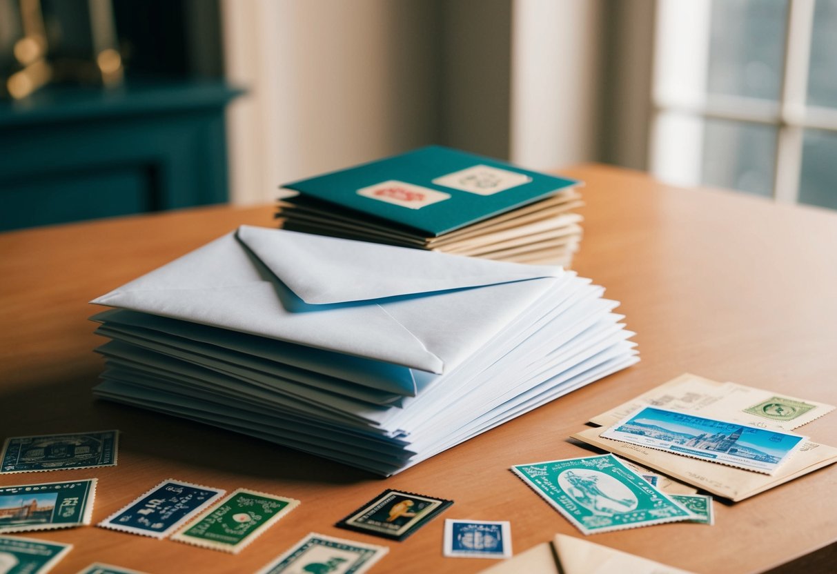 A stack of elegant envelopes, a scattering of decorative stamps, and a collection of vintage postcards arranged on a table