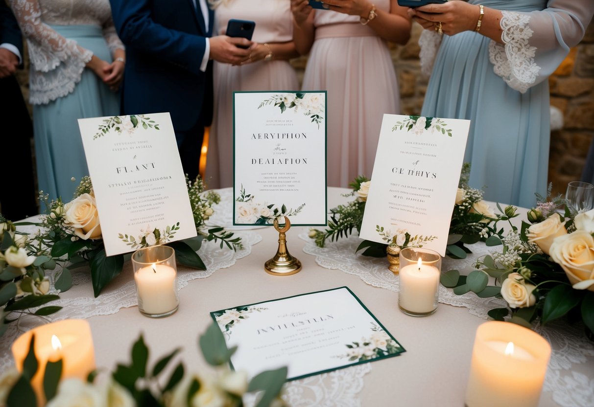 Guests admire elegant wedding invitations displayed on a table with floral arrangements, surrounded by soft candlelight and delicate lace accents