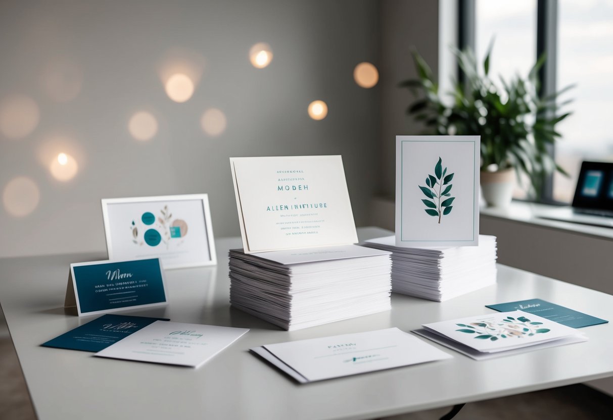 A stack of modern wedding invitations arranged on a sleek, minimalist table, surrounded by trendy alternative options such as digital invites and custom illustrations