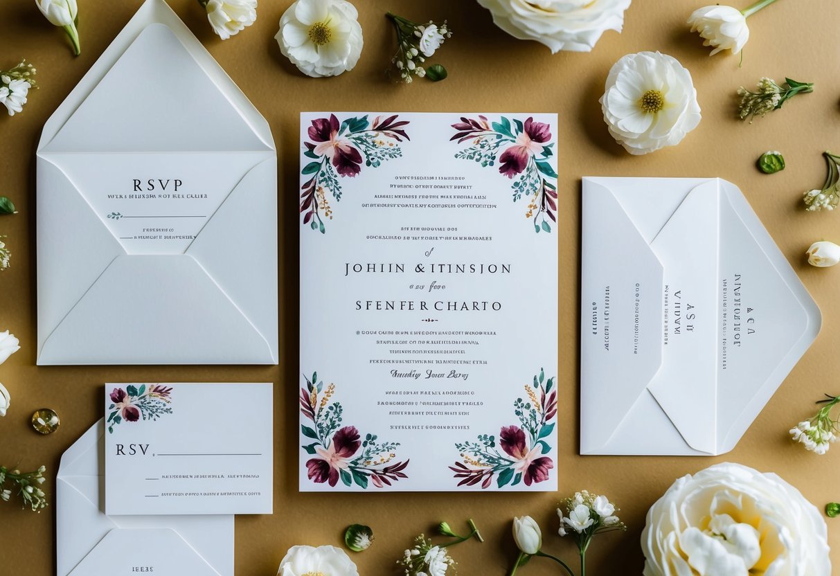 A beautifully designed wedding invitation surrounded by matching RSVP cards, envelopes, and elegant floral motifs
