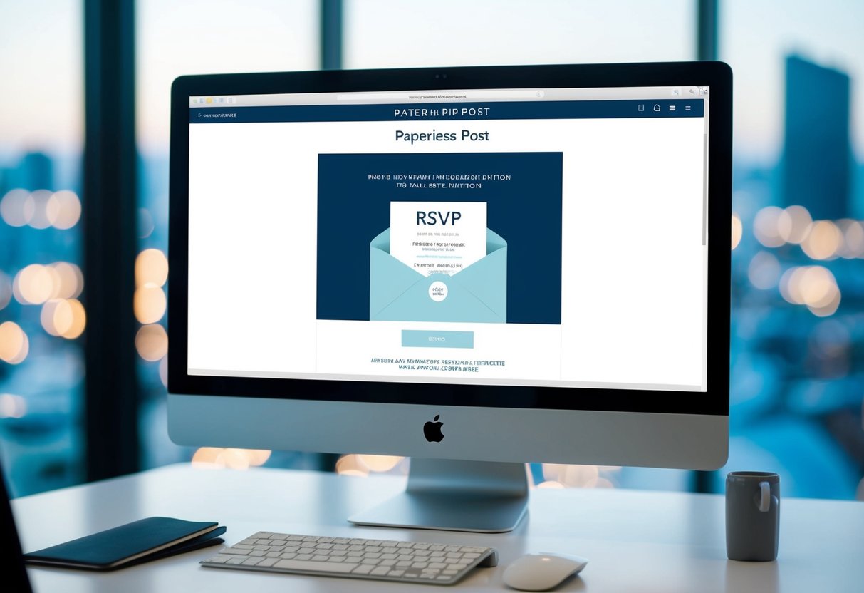 A computer screen with a Paperless Post website open, showing an invitation with an RSVP button