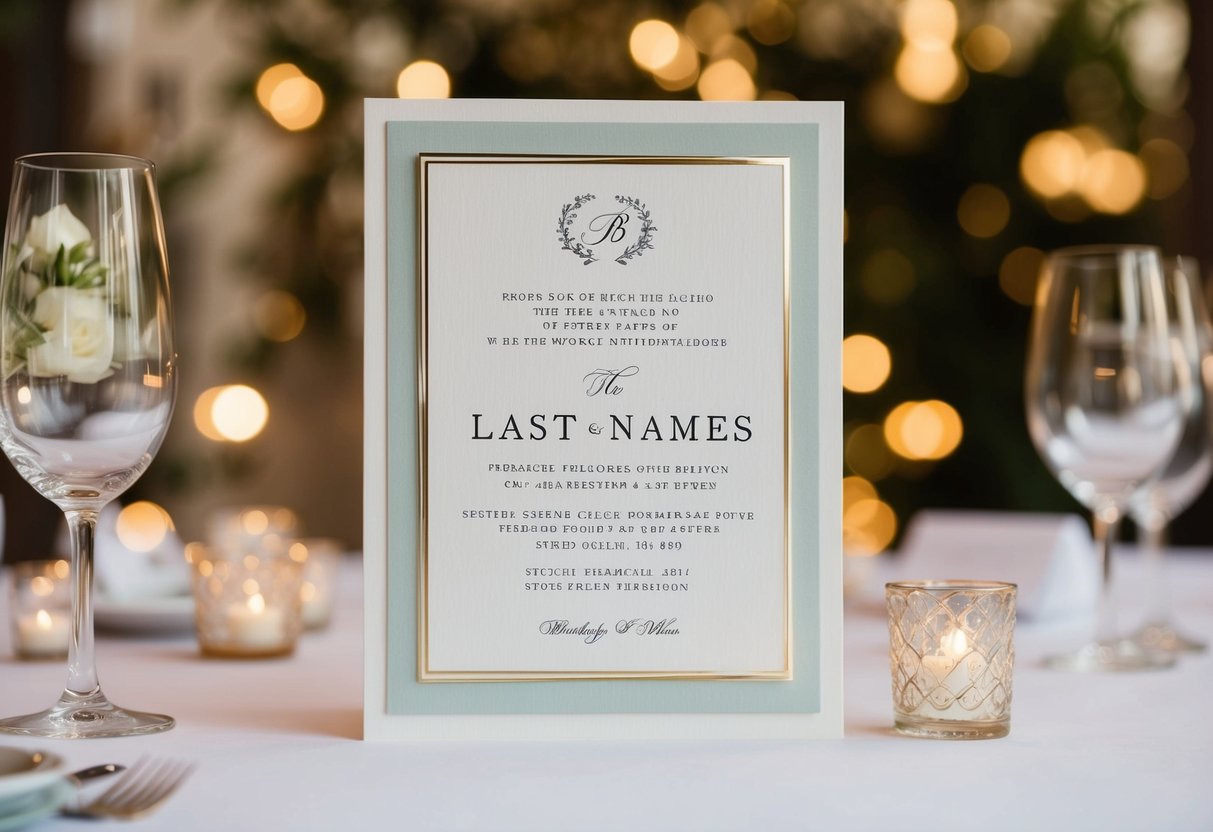 A wedding invitation with two elegant last names displayed prominently