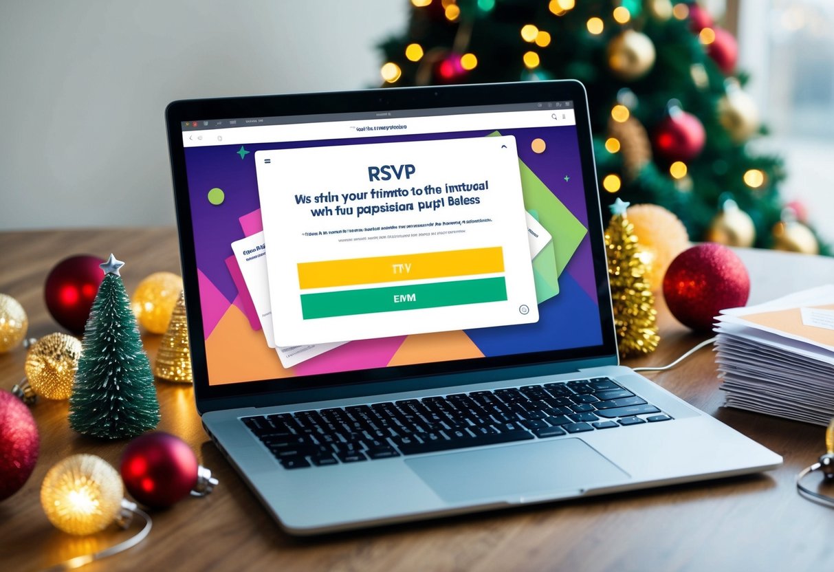 A laptop open to a vibrant event page with an RSVP button, surrounded by festive decorations and a stack of paperless post invitations