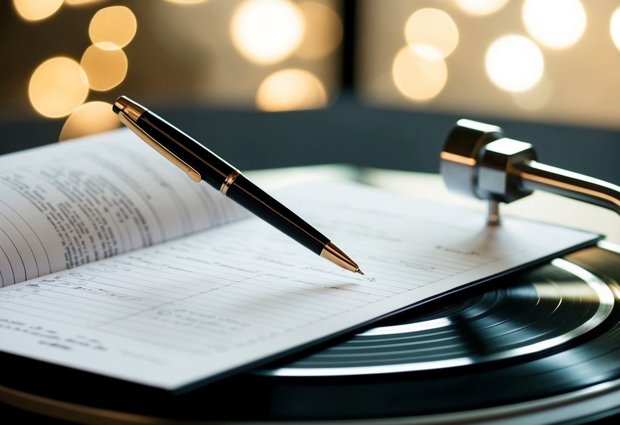 A pen hovers over an open wedding register, while a record player spins nearby, the needle poised to drop onto a vinyl