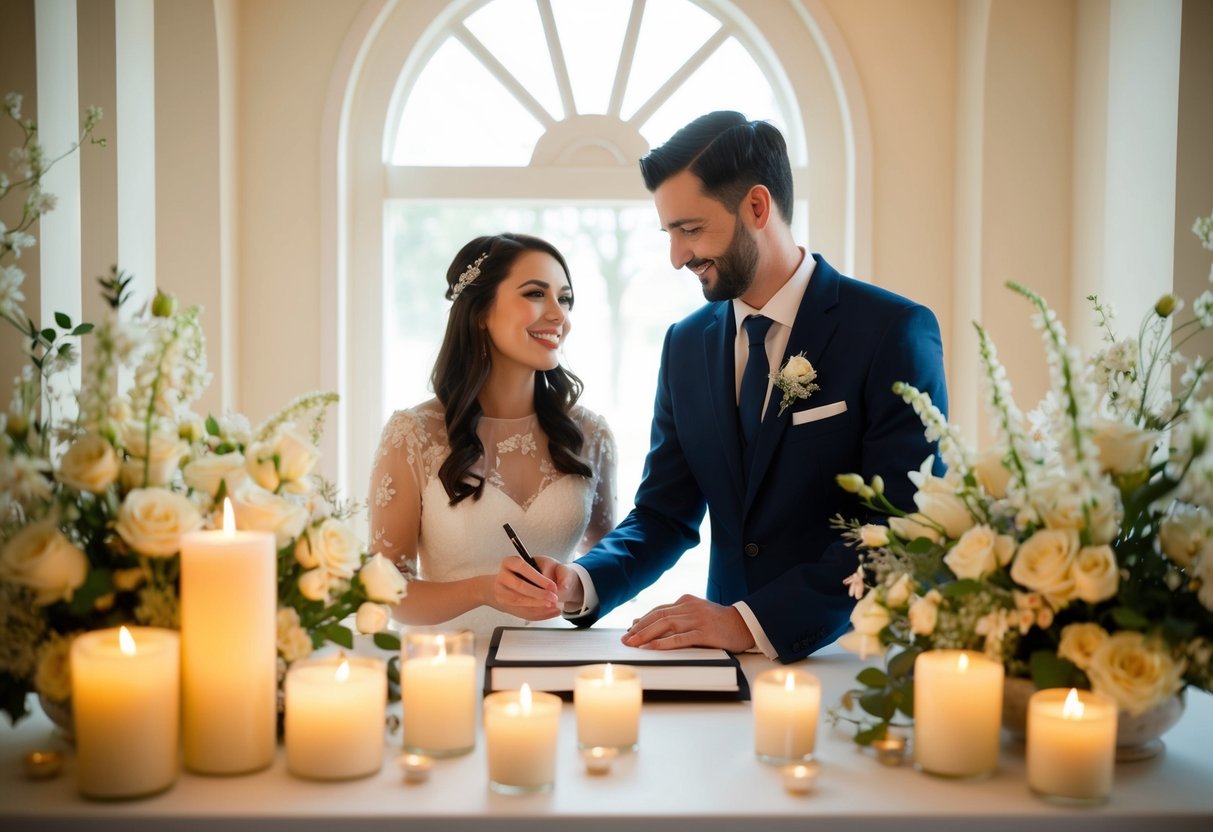 A couple stands at the register, pen in hand, surrounded by soft candlelight and delicate flowers, as the perfect song fills the air