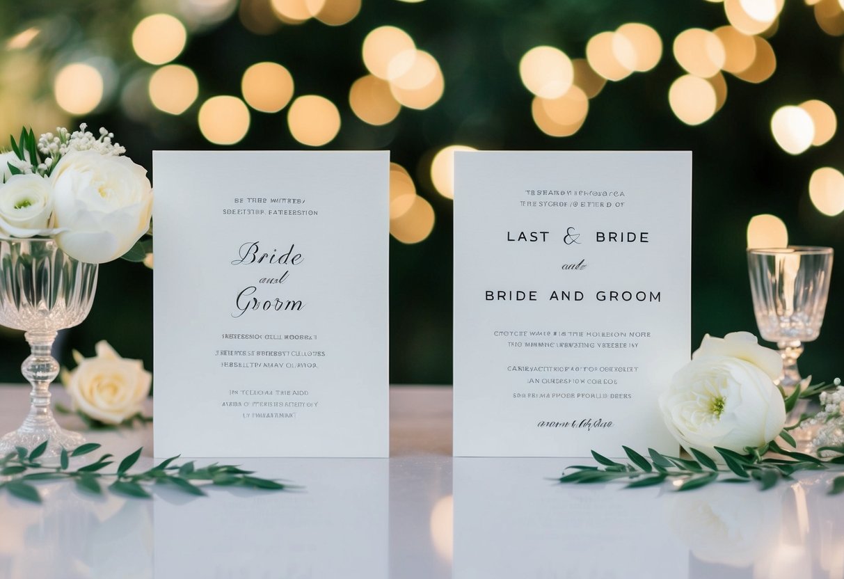 A pair of elegant wedding invitations, one with the last name of the bride and groom, and the other with the last names of the bride and groom