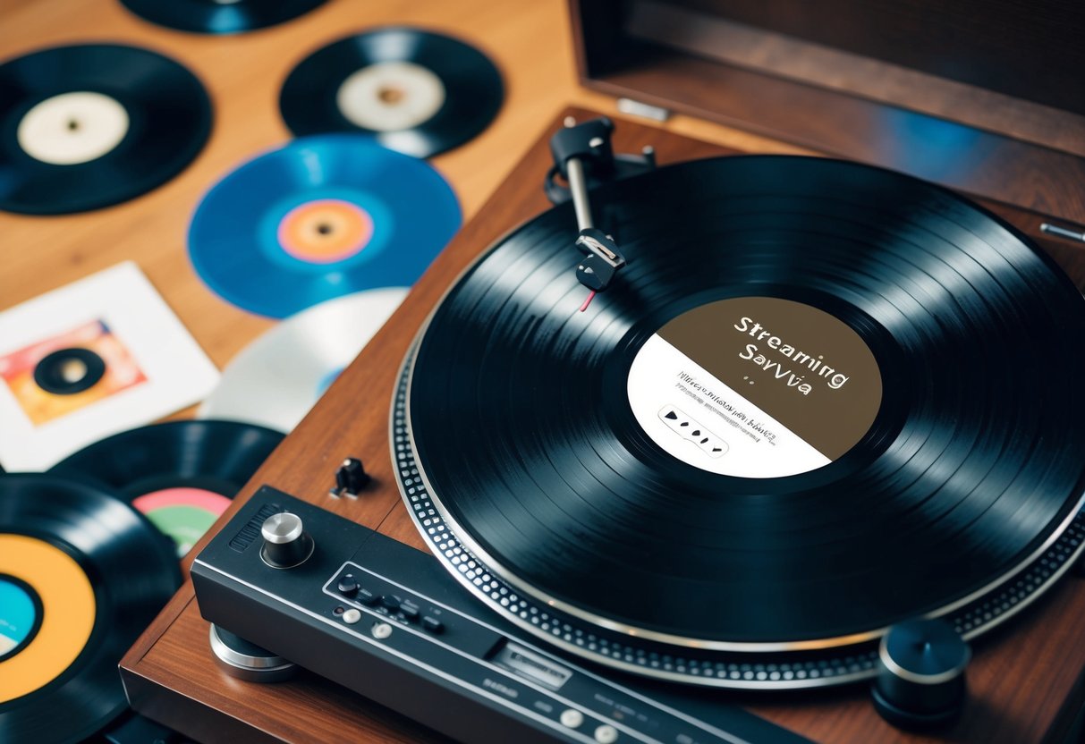 A vintage record player spinning while a modern streaming service plays, surrounded by a mix of classical and contemporary vinyl records