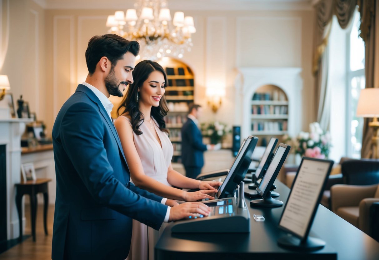 A couple stands at the register, contemplating their music selection. The room is filled with soft light and elegant decor, creating a romantic atmosphere