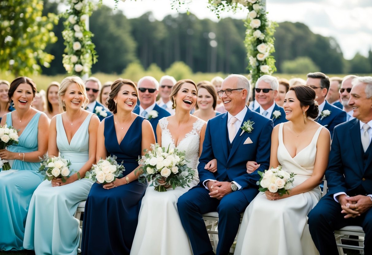 A joyful wedding ceremony with families seated in the front row, including the parents of the bridesmaids, witnessing the exchange of vows