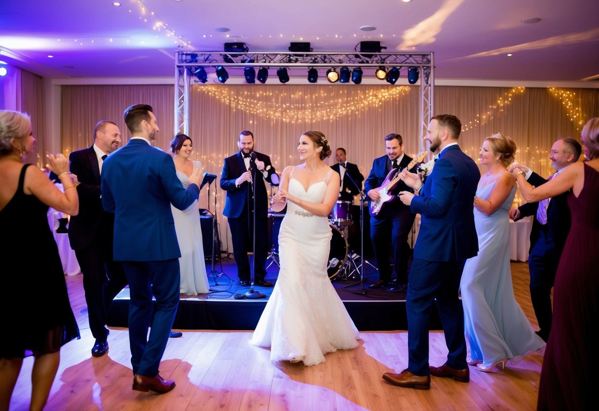 A wedding band plays on stage, surrounded by dancing guests and twinkling lights
