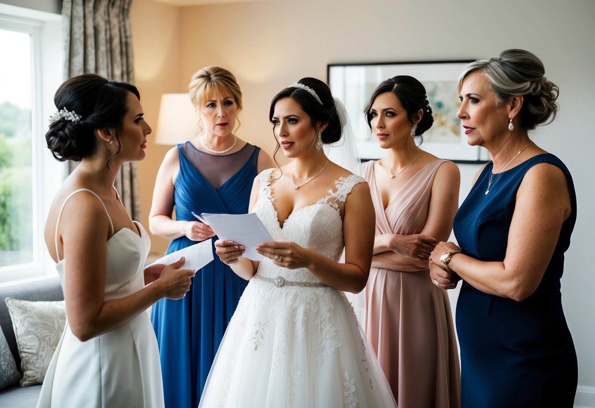 A bride and her bridesmaids discussing wedding details, with the bride's parents nearby, looking on with mixed emotions