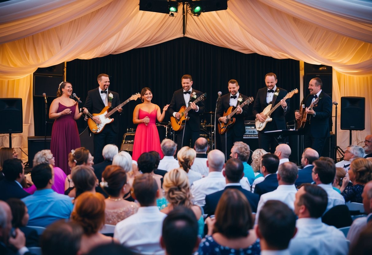 A wedding band playing a variety of songs on stage, surrounded by a lively and joyous crowd