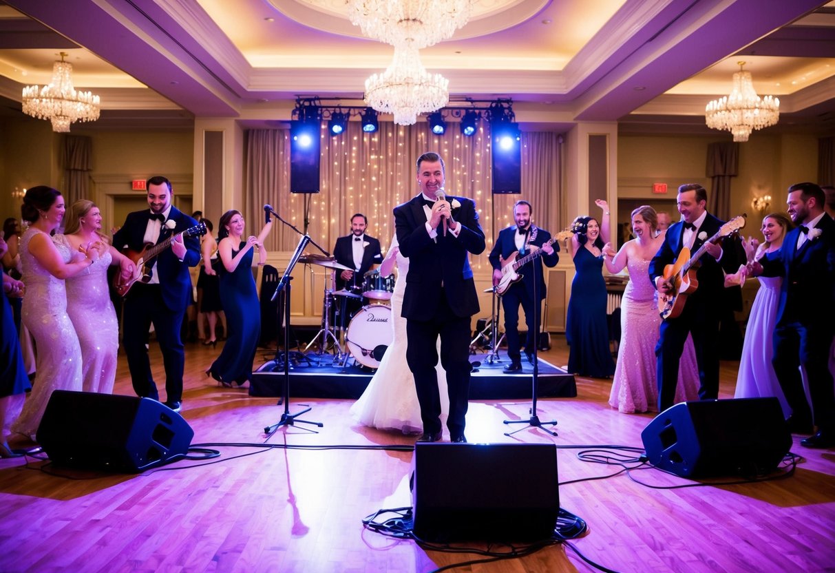 A wedding band performs on stage, surrounded by dancing guests and twinkling lights, playing a lively set of songs