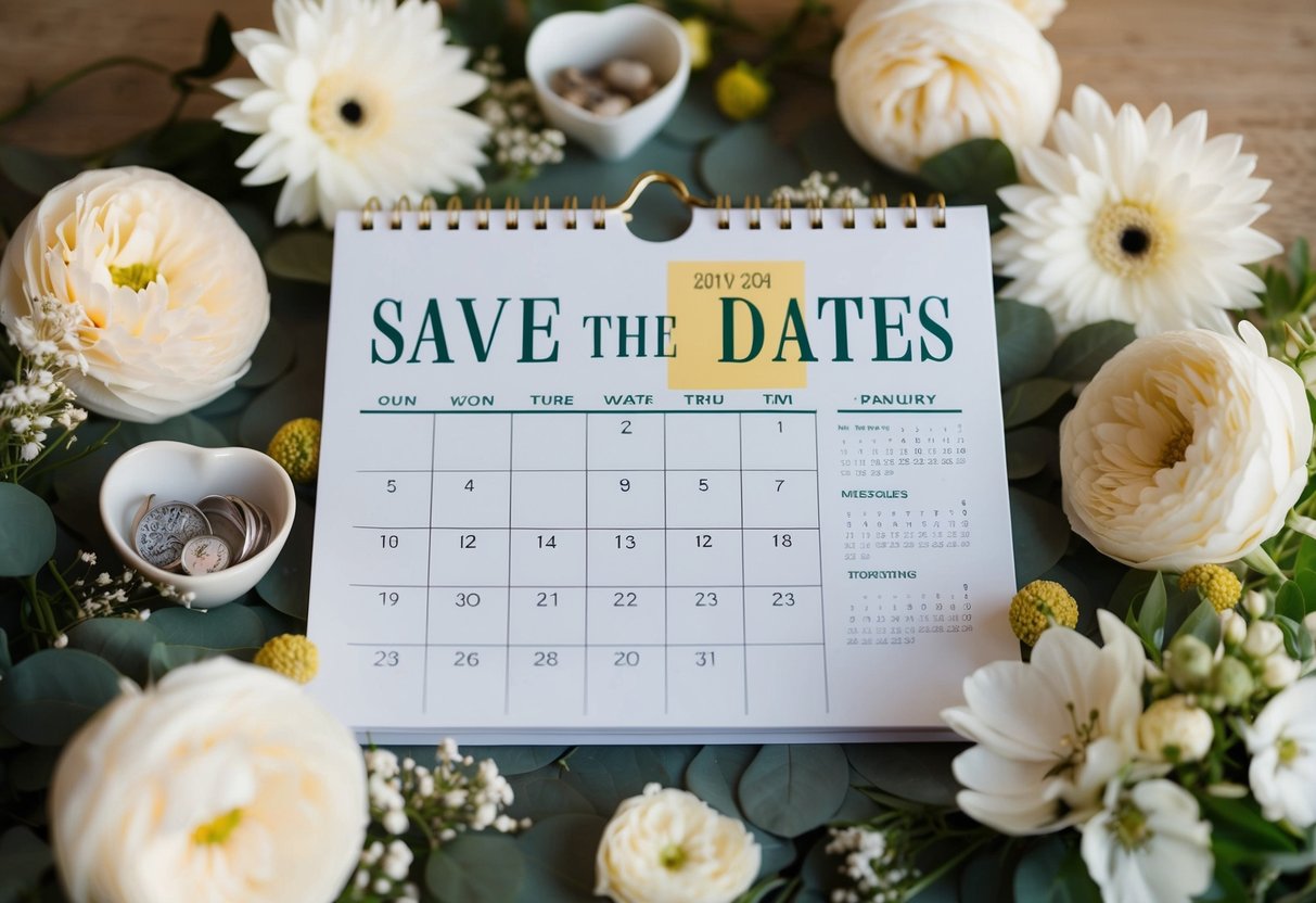 A calendar with a highlighted date for "Save the Dates" and "Wedding Invitations," surrounded by floral decorations and wedding-themed imagery