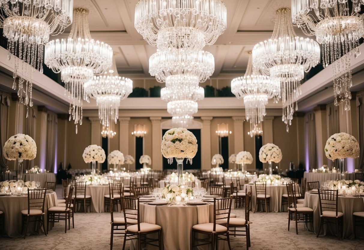 A grand ballroom with crystal chandeliers, cascading flowers, and elegant table settings for a glamorous wedding
